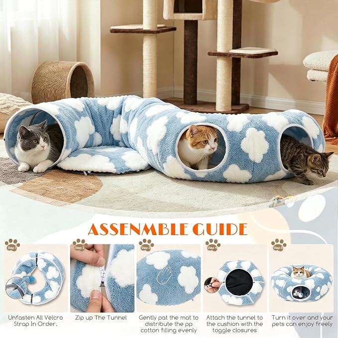 Cat Tunnel Bed with Toys – Large Collapsible Play Tube (Blue) | Soft Tube for Indoor Kittens & Adult Cats – Perfect for Hide & Seek, Pouncing, and Cozy Napping, Space-Saving & Foldable