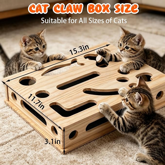 Cat Scratch Puzzle Enrichment Box, Large Cat Nail File Box with Sandpaper | Cat Claw Care, Cat Puzzle Toy Box Sturdy Wood with 3 Small Balls | Stress-Free Alternative to Nail Trimming