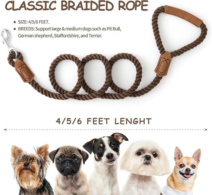 Mile High Life Dog Leash Braided Cotton Rope w/Leather-Wrapped Ends/Handle | Rust-proof 360° swivel clasp, Heavy-duty for medium/large breeds. Great for weddings, daily walks (6 FT, 1/2", Camel)