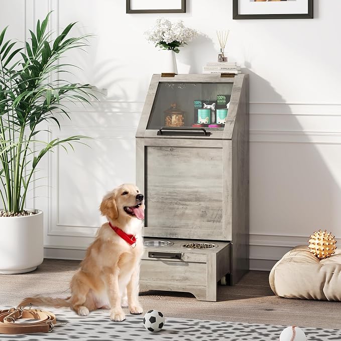 Garvee Dog Feeding Station with 2 Elevated Bowls, Dog Food Storage Cabinet, Flip Top Pet Feeding Station, Food Storage Container, Pet Toy Organizer, Grey
