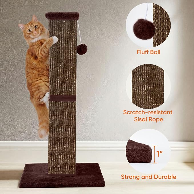 Cat Scratching Post for Indoor Cat, 32 Inch Large Cat Scratcher | Sisal Cat Scratcher with Sturdy Base for Cat Adults, Cat Scratch Post with Vertical Stretch Space, Full Brown