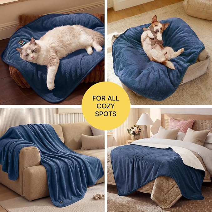 Luciphia Waterproof Pet Blanket, Washable Reversible Sherpa Fleece Throw | Liquid-proof furniture protector for bed and couch, soft reversible sherpa fleece for dogs, cats blue, L