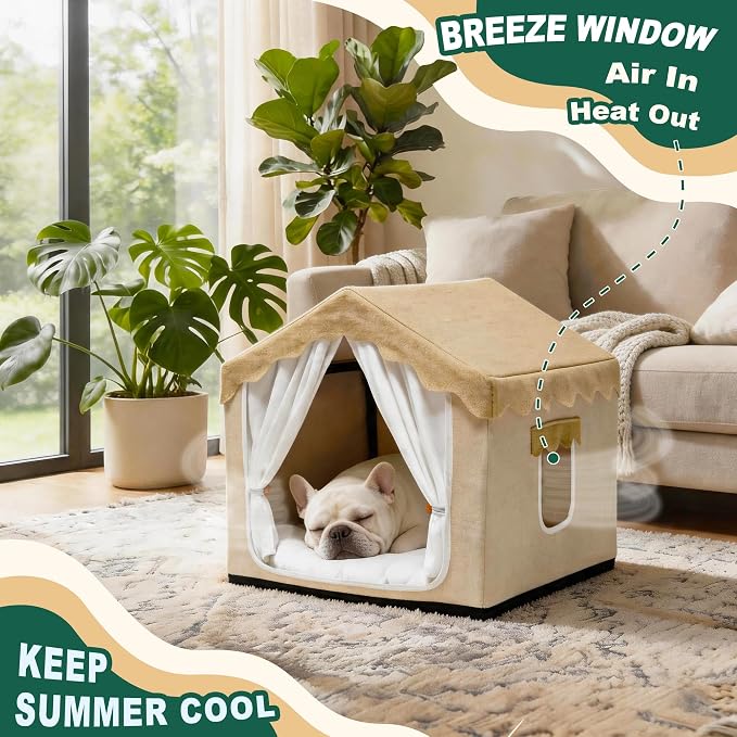 Indoor Dog House, Breeze Pet Tent with Sturdy Frame & Window, Dog Cave Bed with Washable Cover for Cat & Small Dogs (8-20 lb), 18", Cream