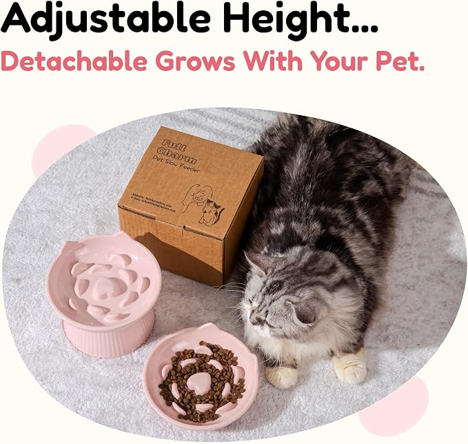 Unbreakable Raised Slow Feeder Bowl for Cats and Small Dogs, Elevated Cat Bowls, Detachable Slow Feede Bowl, Heavy Weighted, Non-Slip Feeder, Dry & Wet Food, Whisker Friendly (Pink; 6.2'')