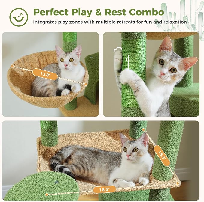 69" Cactus Cat Tree for Indoor Cats Large Adult, Multi-Level Cat Tower | Multi-Level Cat Tree with Scratching Posts, Soft Padded Perch, 2 Dangling Toys