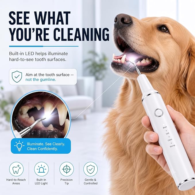 Dog Teeth Cleaning Kit, Ultrasonic Dog Plaque and Tartar Remover | Contact-Activated Pet Dental Care Tool with 3 Modes, 4 Heads, LED Light, IPX6 Rechargeable Dog Cat Teeth Cleaner - White