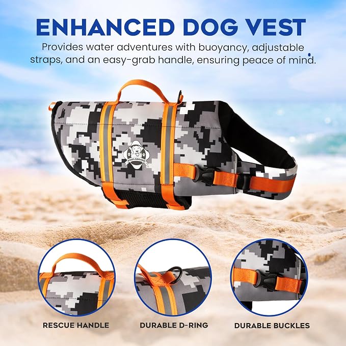 Dog Life Jacket — Premium Swim Vest with SafeChin Anti-Choke Collar | PAWS Aboard Grey Camo | RapidLift Rescue Handle, D-Ring, Reflective Trim | Boating, Kayaking, Pool | Medium (25–50 lbs)