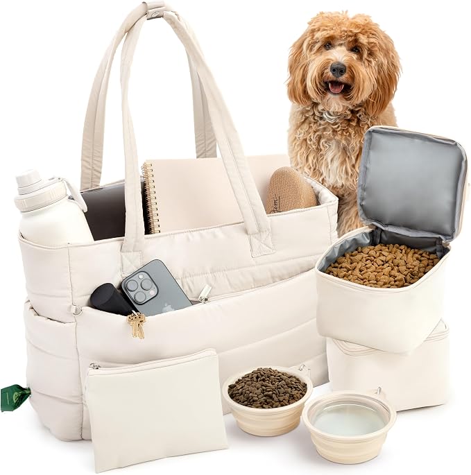 Rubyloo Puffer Dog Travel Bag for Dog Moms, Diaper Bag with Travel Bowls | 2 BPA-Free Collapsible Bowls, 2 Pet Food Containers, 9 Pockets, Everyday Puffer Bag Works With or Without Your Dog, Beige