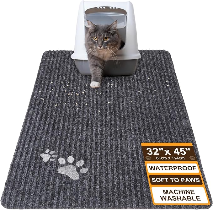 BEAUTYZOO Cat Litter Mat Litter Trapping Mat, 32"x 45" Extra Large Litter Box Mat, Waterproof Kitty Litter Mat, Non-slip Litter Rug Mat Pads for Floor Scatter Control,Soft on Paws & Easy to Clean,Grey