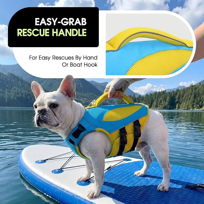 Dog Life Jacket, High Flotation Dog Life Vest for Swimming, Reflective Pet Swimming Vest with Rescue Handle, Adjustable Pet Lifesaver Lifejacket for Medium Dogs, Blue Yellow M