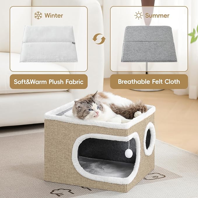 Cat Houses for Indoor Cats, Large Covered Cat Cave Beds & Furniture with Scratch Pad and Fluffy Ball,Foldable Cat Hideaway for Kitten,16.5x16.5x13 inches, Khaki‌