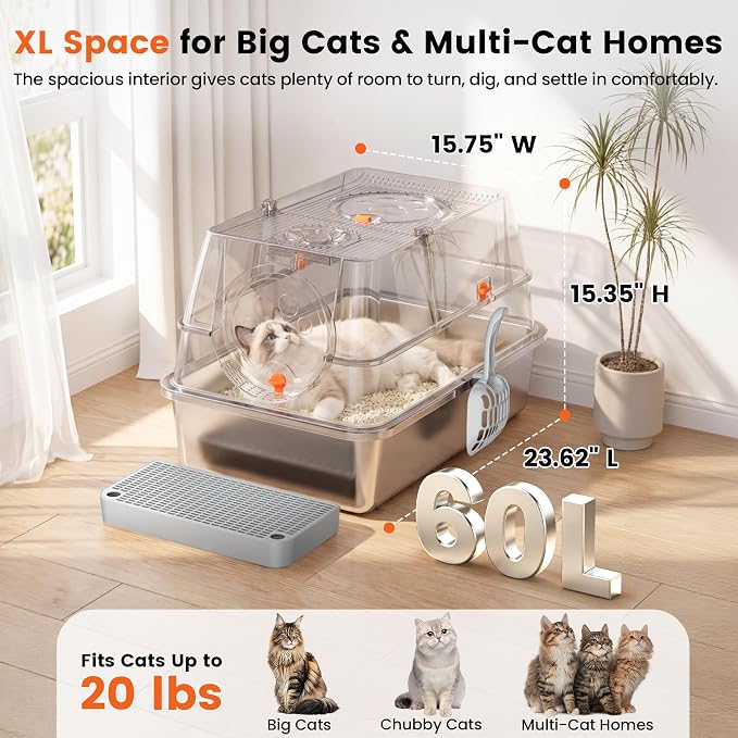XL Stainless Steel Litter Box with Lid, Enclosed Metal Litter Box | High Sides, Urine and Litter Control, Odor Filter, Flip-Top, Easy-Clean Pan, Scoop & Step, Big Cats, Multi-Cat Homes, Black