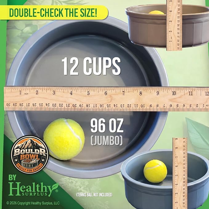 Pet Crock Bowl – Thick Durable Plastic Non-Tip Food & Water Dish for Dogs, Cats & Small Animals – Indoor/Outdoor – Chew Resistant, Easy Clean (Gray, Jumbo 96oz)