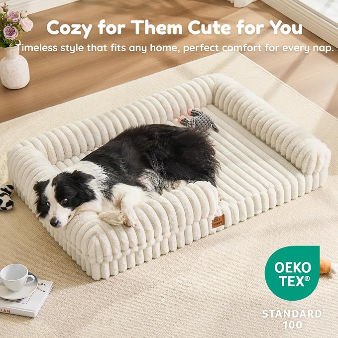 ChiXnuggle Faux Fur Orthopedic Dog Bolster Bed, Waterproof Washable Cover | rectangular dog sofa couch,egg crate foam,non-slip bottom,for extra large dogs,cream,41*30*7