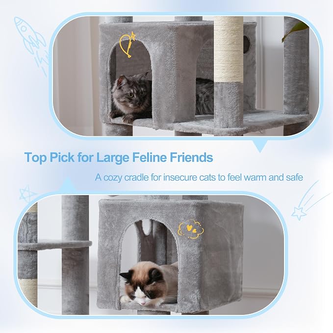 Hey-brother Cat Tree Tower with Multi-Level Duty Scratching Posts, 0MPJ039W | 80.7 Inches XL Cat Furniture with Large Platforms, Cozy Condos, Big Hammock, Toy Balls for Indoor Adult Cats, Light Gray