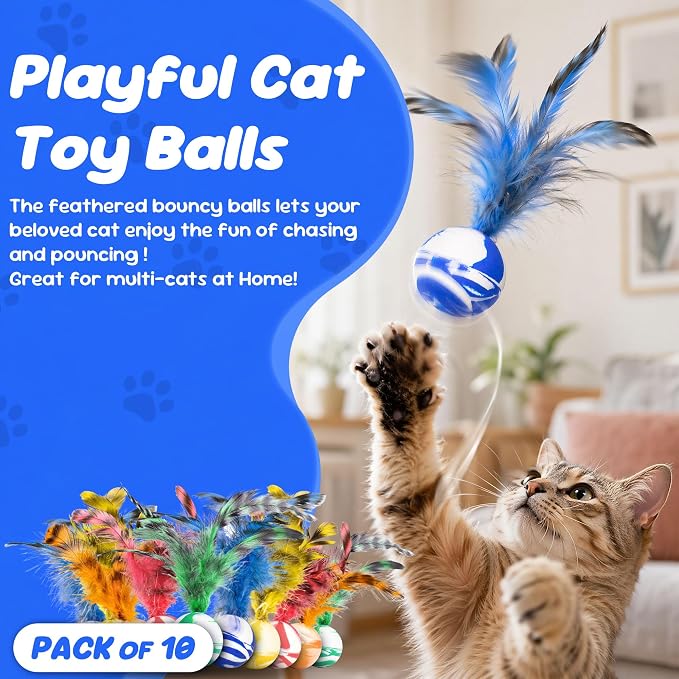 Cat Feather Toys 20 Pack, Cats Bouncy Balls for Indoor Cats | Feather Chase & Fetch Balls, Bouncy Tails Cat Toys with Durable Rubber, Interactive Home Chase Exercise Hunting Play