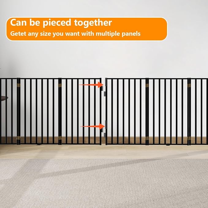 Dog Gate Free Standing with Door for Stairs, 36" Tall Dog Fence Freestanding Indoor Outdoor Use for Doorways, Metal Black 4 Panels, 36 inches High, 20 * 4 Inches w Wide