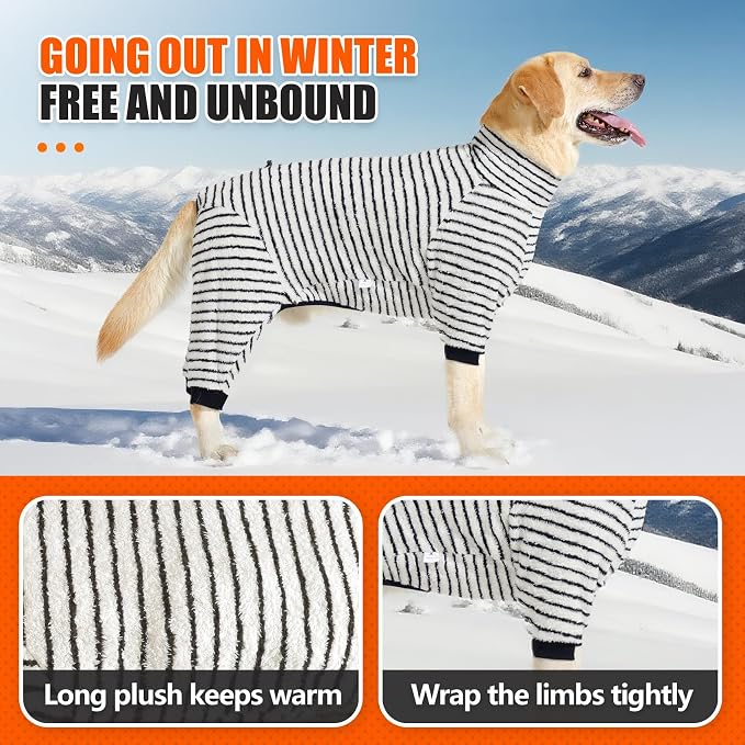 Dog Fleece Pajamas Large Dog 4 Legs Winter Clothes for Dog Fit Warm Jumpsuit for Dogs (Striped Black, Medium)