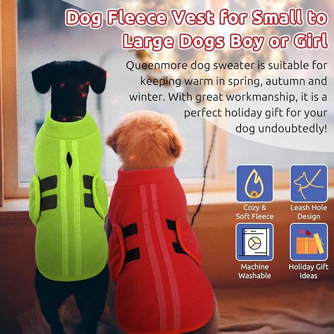 Queenmore Large Dog Sweater, Soft Fleece Vest Pullover Jacket With Leash Hole, Warm Winter Clothes for Cold Weather, Dachshund Sweater for Large Dogs Cats Boy or Girl (Green, L)