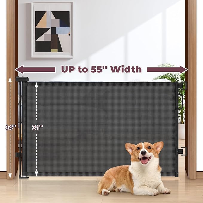 Retractable Baby Gate for Stairs & Doorways, Dog Gate Indoor Outdoor | Extends to 55" Wide 34" Tall Mesh Child Gate for Hallways, Deck, Porch, Pet Toddler Safety Essentials, Easy Install, Black
