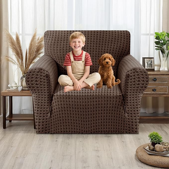 MAXIJIN Stretch Sofa Chair Slipcovers with Arms (31"-46 Washable Chair Cover Armchair with Non-Slip Foam & Elastic Bottom, Dog Cat Pet Friendly Furniture Protector (Small, Brown)