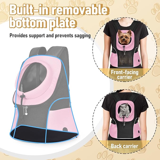WOYYHO Pet Dog Carrier Backpack, Ventilated Mesh Small Dog Front Backpack | Breathable Puppy Back Pack, with Safety Belt, Storage Pockets, for Travel Hiking Cycling Outdoor Adventures, Pink, S