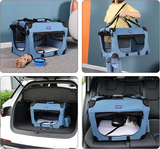 Petprsco Portable Collapsible Dog Crate, 24" Soft Dog Crate for Car Travel | Small Dog Crate Kennel 24”*17”*17” with Soft Blanket and Foldable Bowl for Large Cats & Small Dogs Indoor and Outdoor Use