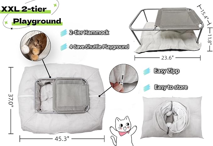 XXL 2-Tier Cat Tunnel & Hammock Bed, Scratch-Proof Linen, for All Cats Toys | XxingSheep 4 Cave Premium Hemp Fabric Cat Tunnel Bed for Indoor Cats Toys Cave Donut with Soft Mat & Toys