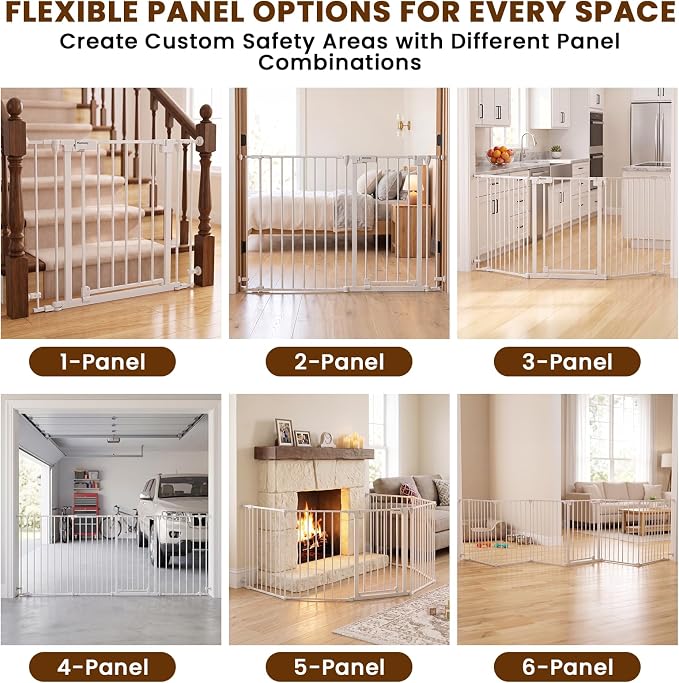 Mumeasy 150" Extra Wide Baby Gate, Play Yard Long Dog Gate for Doorways | Pet Gate Auto Close Walk Thru Door, Adjustable Large Child Safety Fence Gate for House Fireplace Outdoor,6 Metal Panels,White