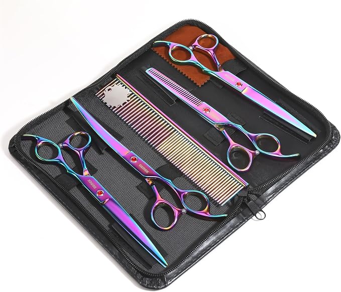 7.0in Titanium Professional Pet Grooming Scissors Set, GEMEK 6 in 1 Straight & Thinning & Upwards Curved & Downwards Curved Scissors & Comb for Dogs, Cats (Rainbow)