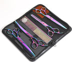 7.0in Titanium Professional Pet Grooming Scissors Set, GEMEK 6 in 1 Straight & Thinning & Upwards Curved & Downwards Curved Scissors & Comb for Dogs, Cats (Rainbow)