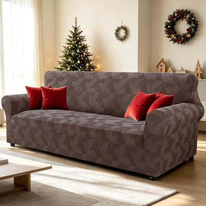 ZNSAYOTX Stretch Couch Covers for 3 Cushion Couch, 1-Piece Sofa Cover Slipcover Pet Friendly, Furniture Protector with Elastic Bottom for Dogs Geometrical Jacquard Fabric (Large, Brown)