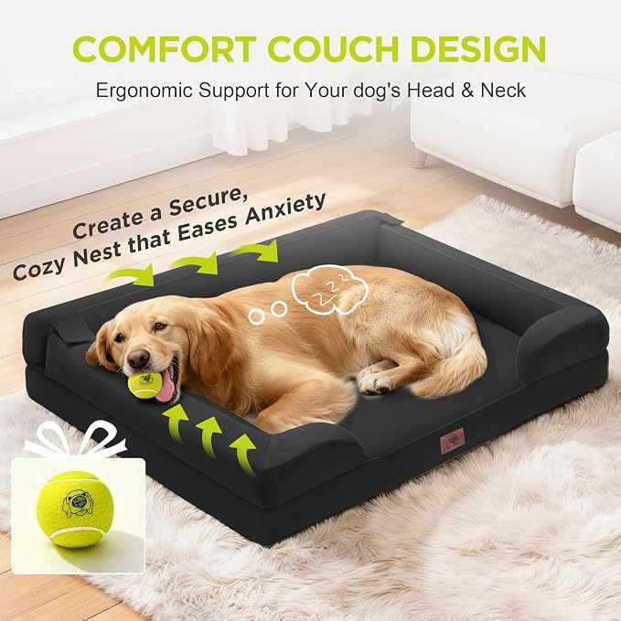 Waterproof Orthopedic Dog Bed for Medium Large Sized Dogs | Memory Foam Pet Bed Sofa with Bolster, Dog Couch with Washable Cover & Non-Slip Bottom, 36x27 Inch, Black