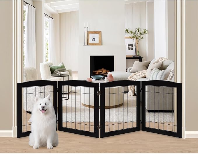 LZRS 4-Panel Extra-Wide Wooden Freestanding Dog Gate: Foldable Solid Wood and Steel Wire Chew Resistant Safety Barrier for Doorways, Stairs, and Large Open Spaces Indoor Use, Black