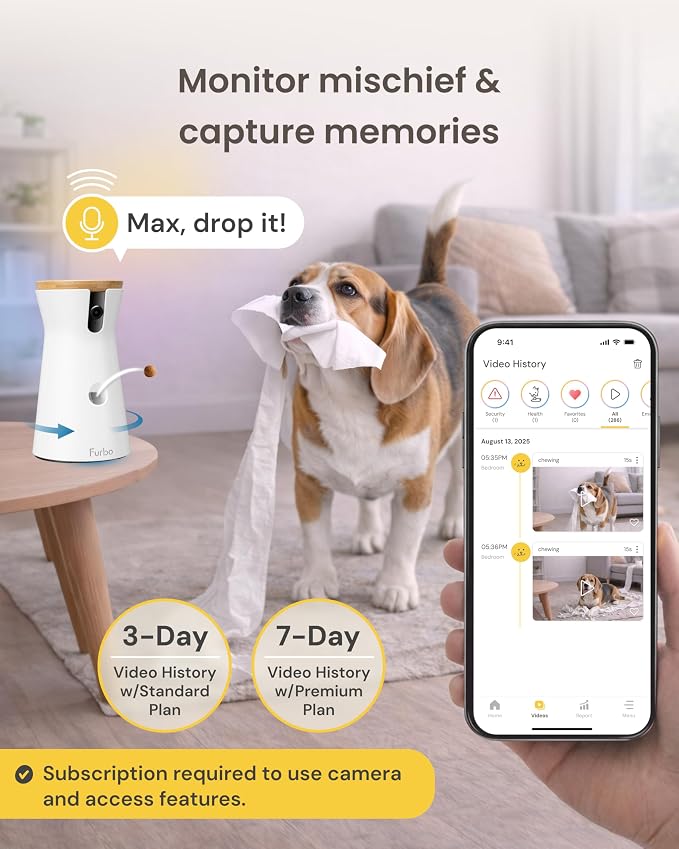 Furbo 360° Dog Camera [Paid Plan Required to Activate] | Stay connected with AI Dog & Home Safety Alerts, Treat Toss, Auto-Tracking, Video History, 2-Way Audio (Subscription 3mo min)