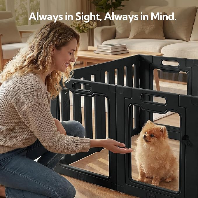 Soulbond Clear Acrylic Dog Playpen Indoor, 24 Inch, Black, 8 Panels | Non-Slip,Tool-Free Assembly, External Door Lock Play Pen for Puppies and Small Dogs