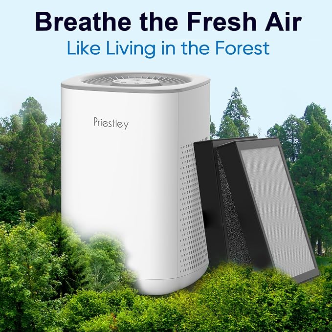 Priestley Small Air Purifiers for Home Bedroom Dorm Office Desktop, 20dB Quiet 3-in-1 HEPA Air Purifier with Essential Oil Diffuser, Air Filters Smoke, Allergies, Pet Dander, Odor, Dust