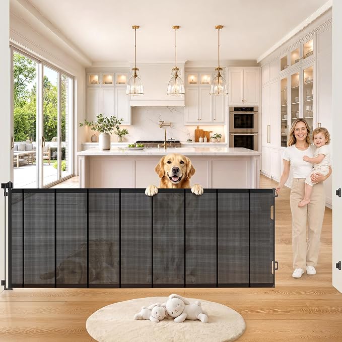 Pawtners Retractable Baby Gates, 34" Tall Extends to 120" Wide Dog Gate | 6 FT Gate with Reinforced 8 Supporting Rods to Prevent Crawling for Stairs Hallways Indoor Outdoor Open Spaces