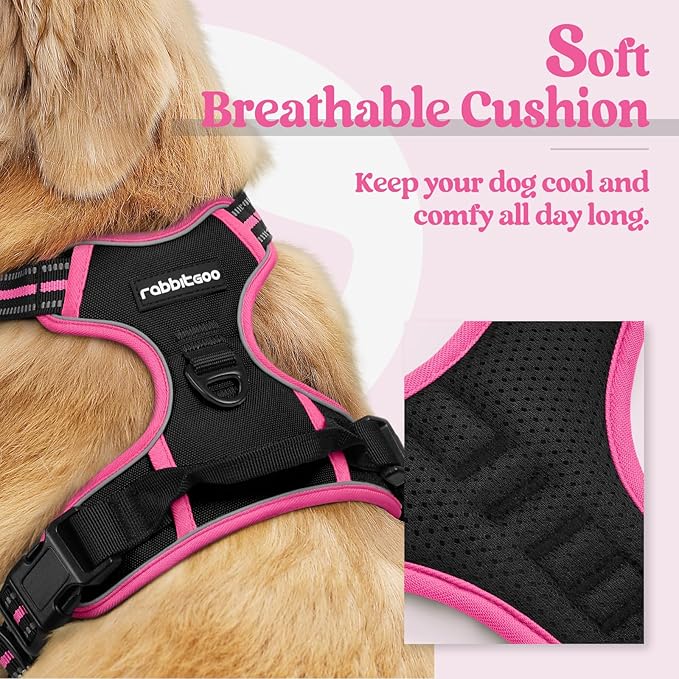 rabbitgoo Dog Harness, No Pull Medium Sized with 2 Leash Clips, Pet Vest | No Choke with Handle, Adjustable Soft Padded, Reflective, Easy Control for Walking, Black & Hot Pink, Medium