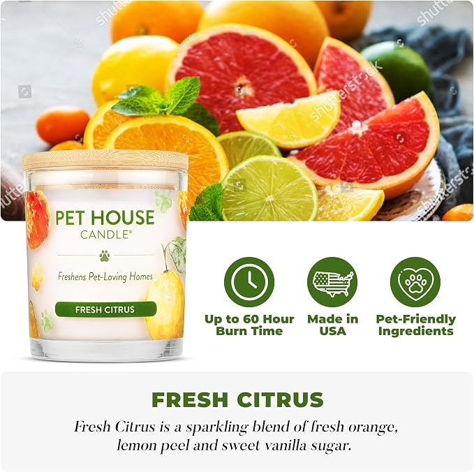 Pet House Vanilla Candle Plant-Based/Soy - Clean Burning Scented, Long Lasting Pet Odor Candle for Home - Fresh Citrus