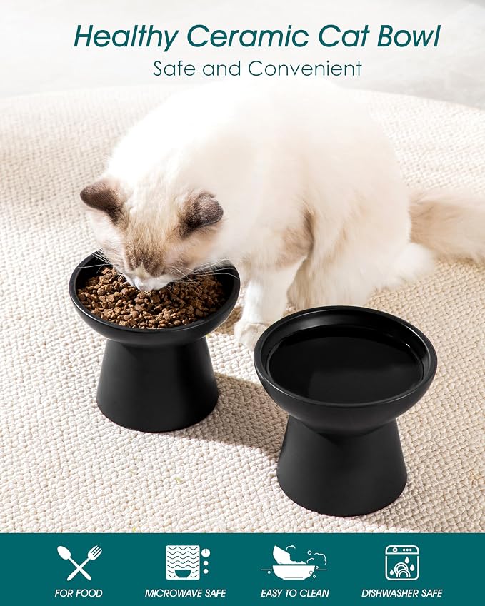 vancasso Ceramic Elevated Cat Bowls 2-Pack - 6.2" Extra Wide Raised Cat Food & Water Dishes, 5.1" Optimal Height Anti-Whisker Fatigue Shallow Bowls for Cats/Kittens/Dogs, Lead & Cadmium Free (Black)