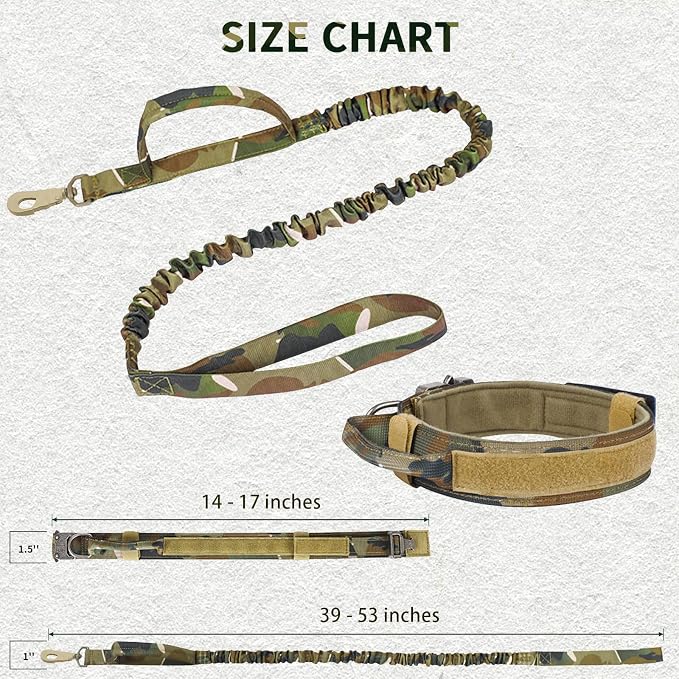 Tactical Dog Collar and Bungee Leash, Camo Military Dog Collar & Leash Set with USA American Flag Adjustable K9 Collar with Heavy Duty Metal Buckle & Handle,with Patches and Airtags Case (M, Camo)