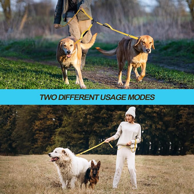 PetBonus Double Dog Leash, No Tangle Dual Leash, Walking Training Lead | 4 Comfortable Padded Handles, Adjustable, Reflective, For Two Large Medium Dogs, Collapsible Bowl and Waste Bags, Yellow