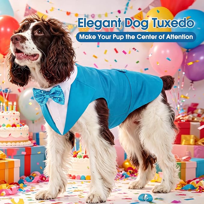 Kuoser Dog Tuxedo, Dog Suit and Bandana Set, Dogs Costume with D-Ring | Formal Dog Outfit with Detachable Bowtie Collar for Wedding, Birthday, Party, Christmas, Halloween, Lake Blue M