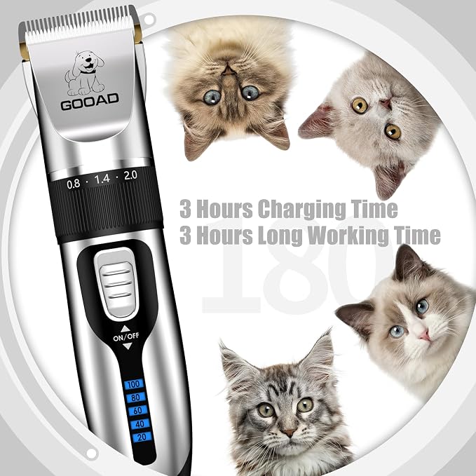 Professional Quiet Cat Clippers & Dog Grooming Kit | 250Min Cordless Pet Shaver,Low Noise Pet Hair Trimmer for Grooming,2in1 Wide & Narrow Blades,4 Combs,Scissors & Glove(Silver)