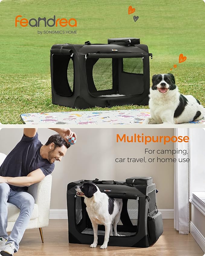 Feandrea Collapsible Soft Dog Crate, Portable Travel, 32 Inches | Dog Carrier Kennel with Safety Zippers for Living Room, Car, Travelling, Black UPDC80H