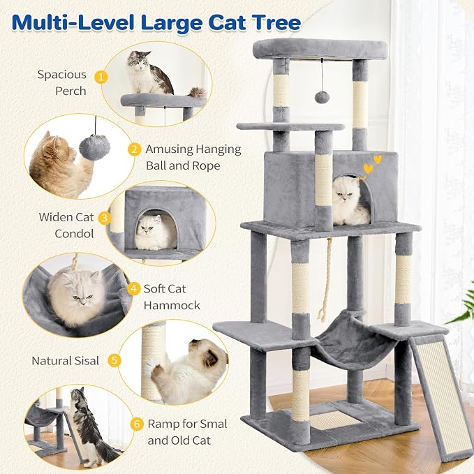 ABCPET 63" Multi-Level Cat Tree Tower for Indoor Cats, Light Grey | 63" multi-level cat tower with sisal scratch posts, cat condo, hammock, dangling toy & wide perch for indoor cat rest & play