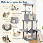 ABCPET 63" Multi-Level Cat Tree Tower for Indoor Cats, Light Grey | 63" multi-level cat tower with sisal scratch posts, cat condo, hammock, dangling toy & wide perch for indoor cat rest & play