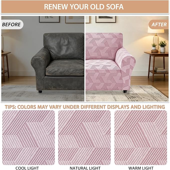ZNSAYOTX Stretch Couch Covers for 2 Cushion Couch, 1-Piece Loveseat Covers Sofa Slipcover, Furniture Protector with Elastic Bottom for Dogs Geometrical Jacquard Fabric (Medium, Dusty Pink)