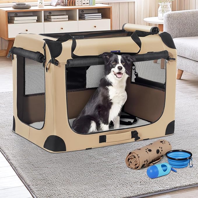 Petprsco Portable Dog Crates for Medium Dogs，32 inch Soft Travel Dog Crate | Collapsible Soft Dog Crate 32"x23"x23" for Medium/Large Dogs with Plush Mat, Fleece Blanket & Foldable Bowl, Indoor/Outdoor
